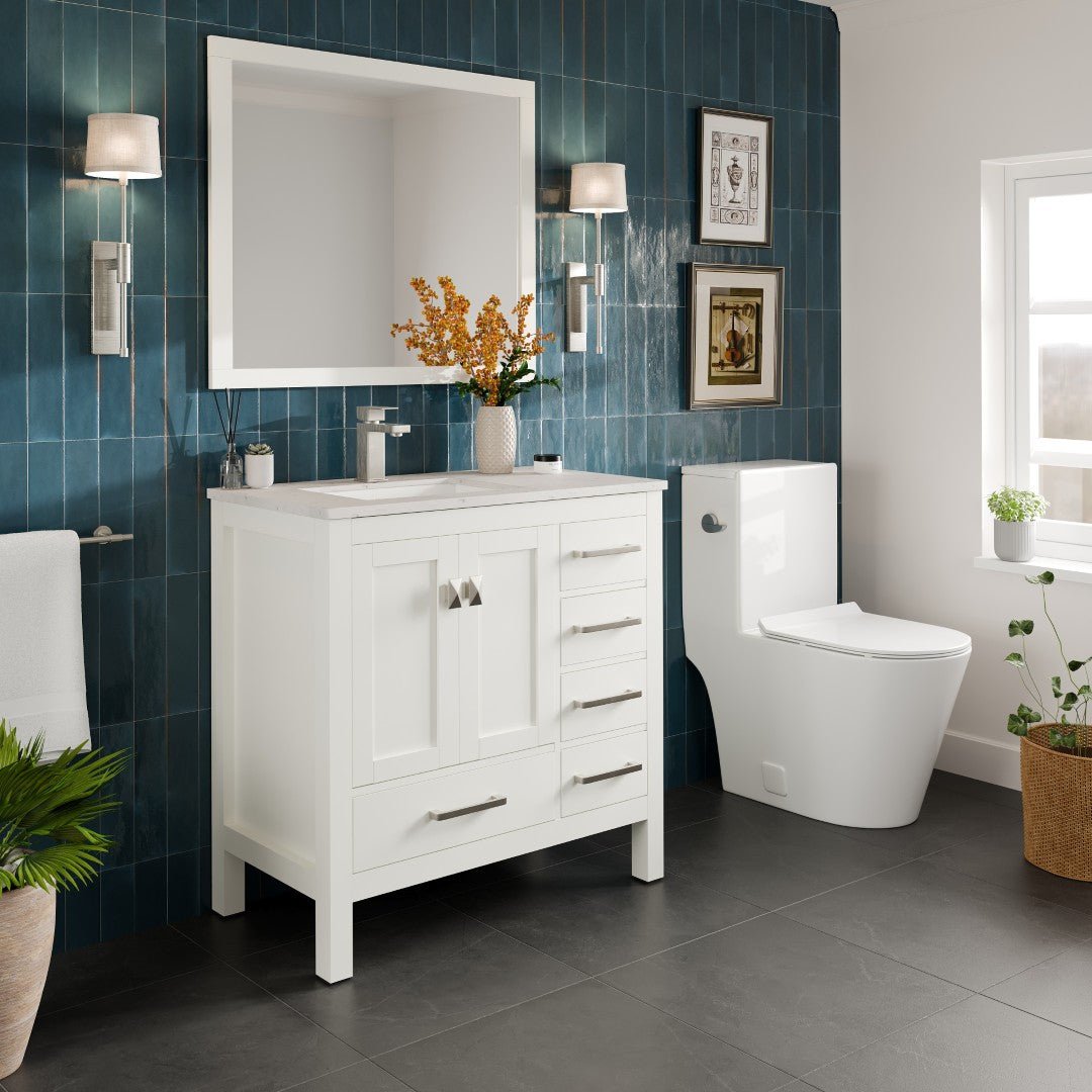 London 36 in. White Single Sink Bath Vanity with Carrara Quartz Top and Undermount Porcelain Sink - Bathroom Vanity by Eviva