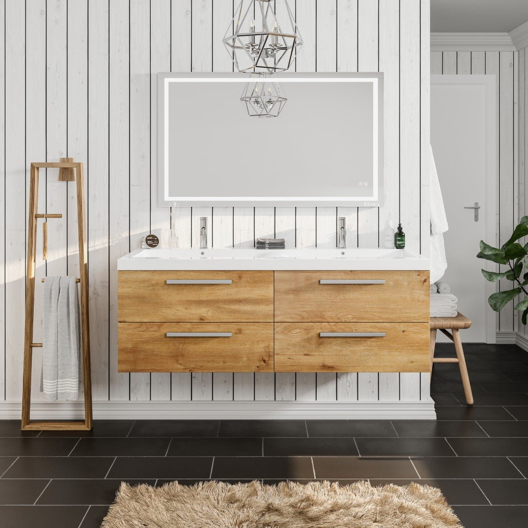 Surf 57 in. Natural Oak Wall Mount Double Sink Bath Vanity with Acrylic Top and Integrated Sinks - Bathroom Vanity by Eviva