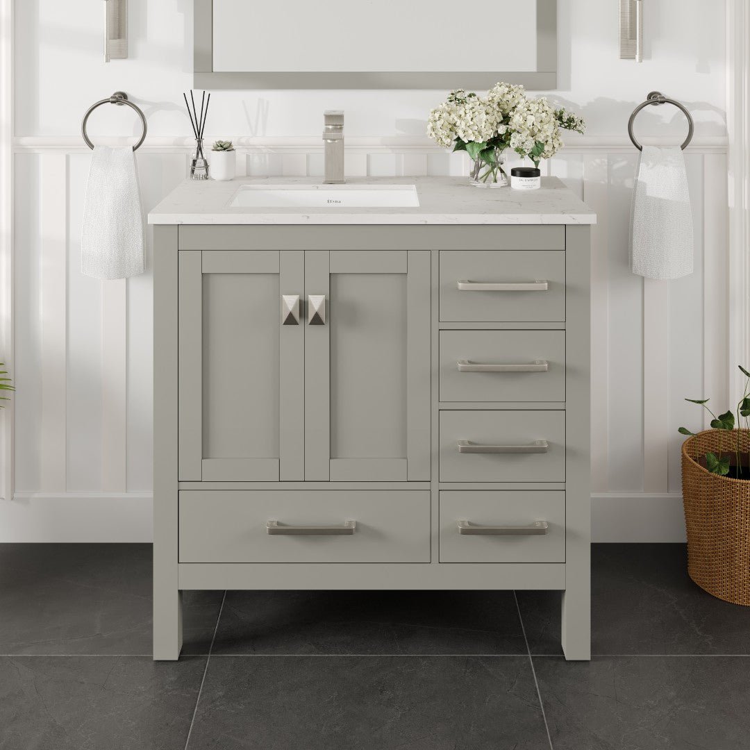 London 36 in. Gray Single Sink Bath Vanity with Carrara Quartz Top and Undermount Porcelain Sink - Bathroom Vanity by Eviva