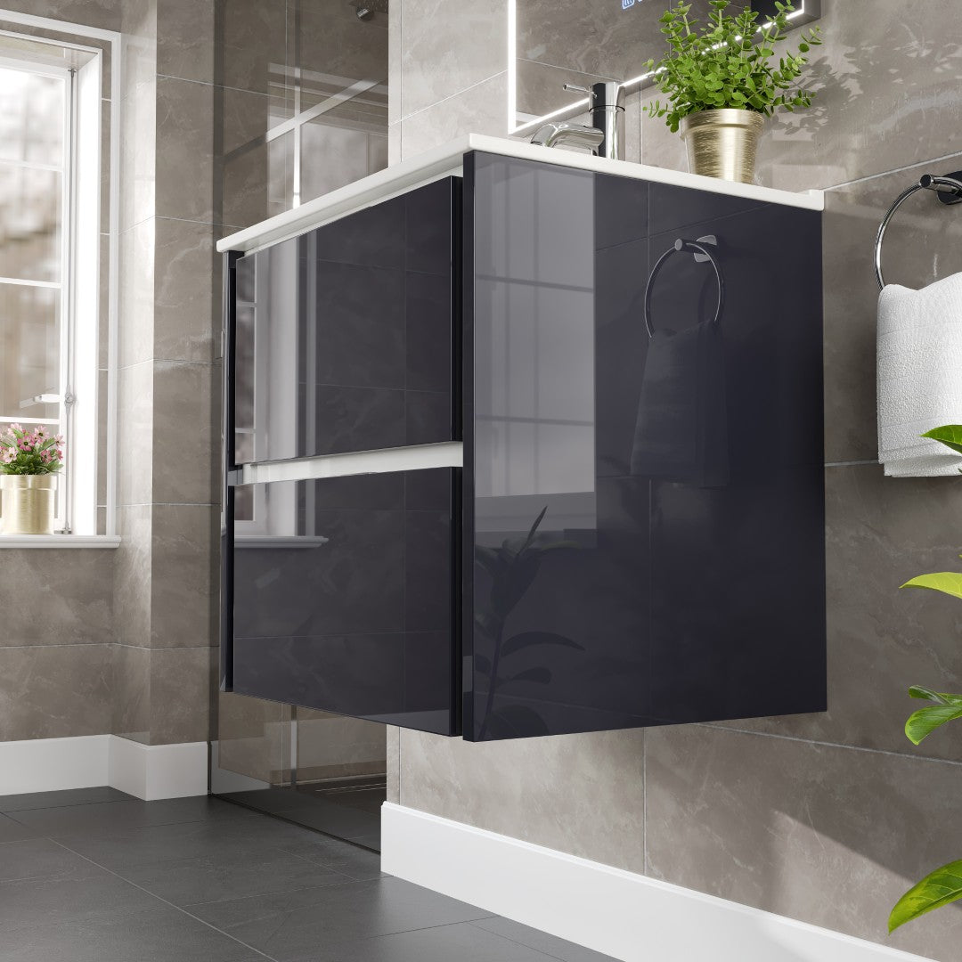 Luna 24 in. Dark Gray Wall Mount Single Sink Bath Vanity with Porcelain Top and Integrated Sink