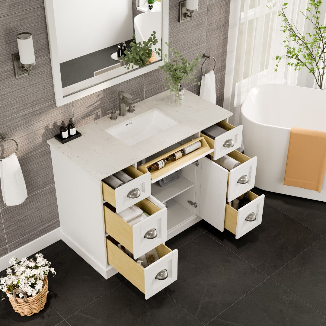 Epic 48 in. White Single Sink Bath Vanity with Carrara Quartz Top and Undermount Porcelain Sink