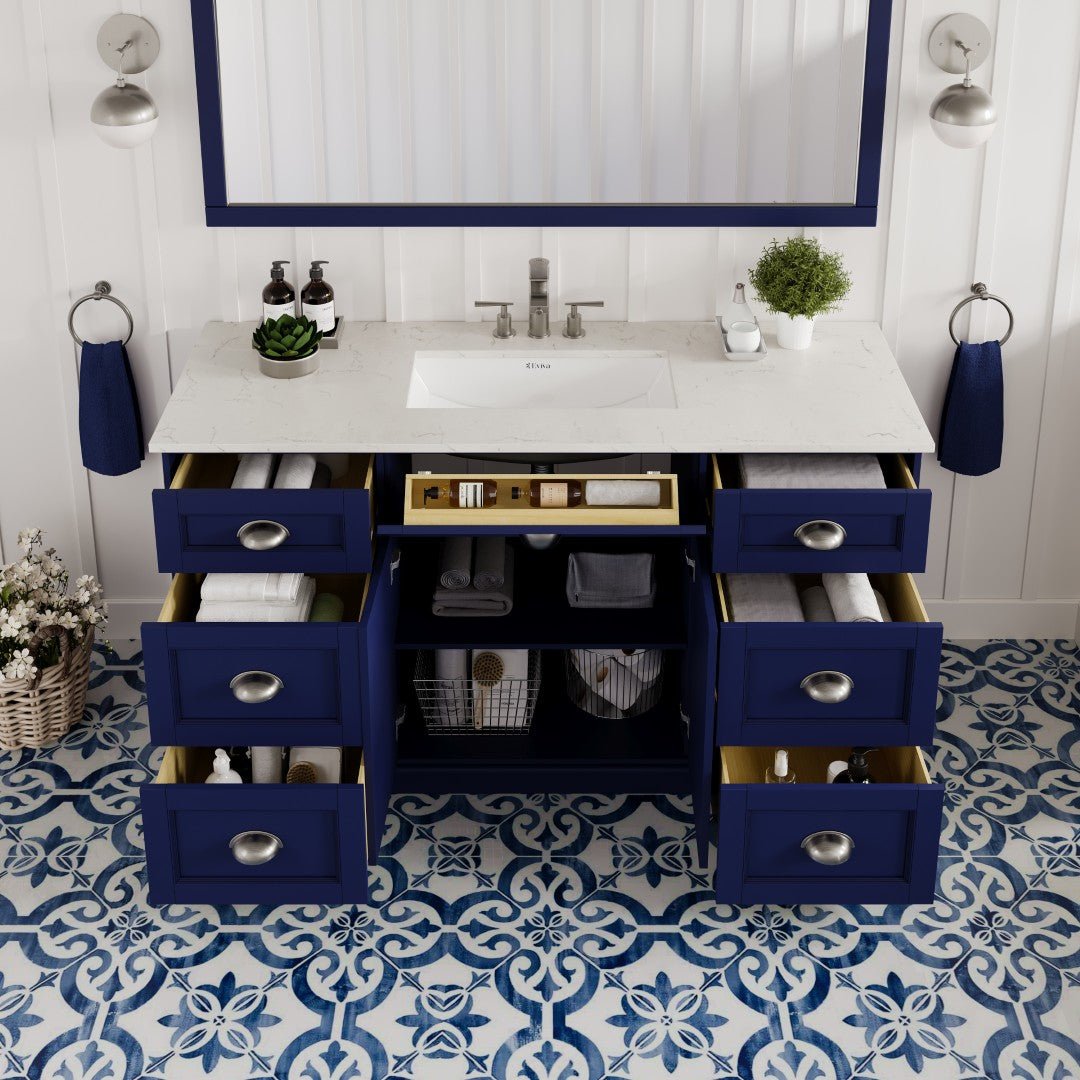Epic 60 in. Blue Single Sink Bath Vanity with Carrara Quartz Top and Undermount Porcelain Sink - Bathroom Vanity by Eviva