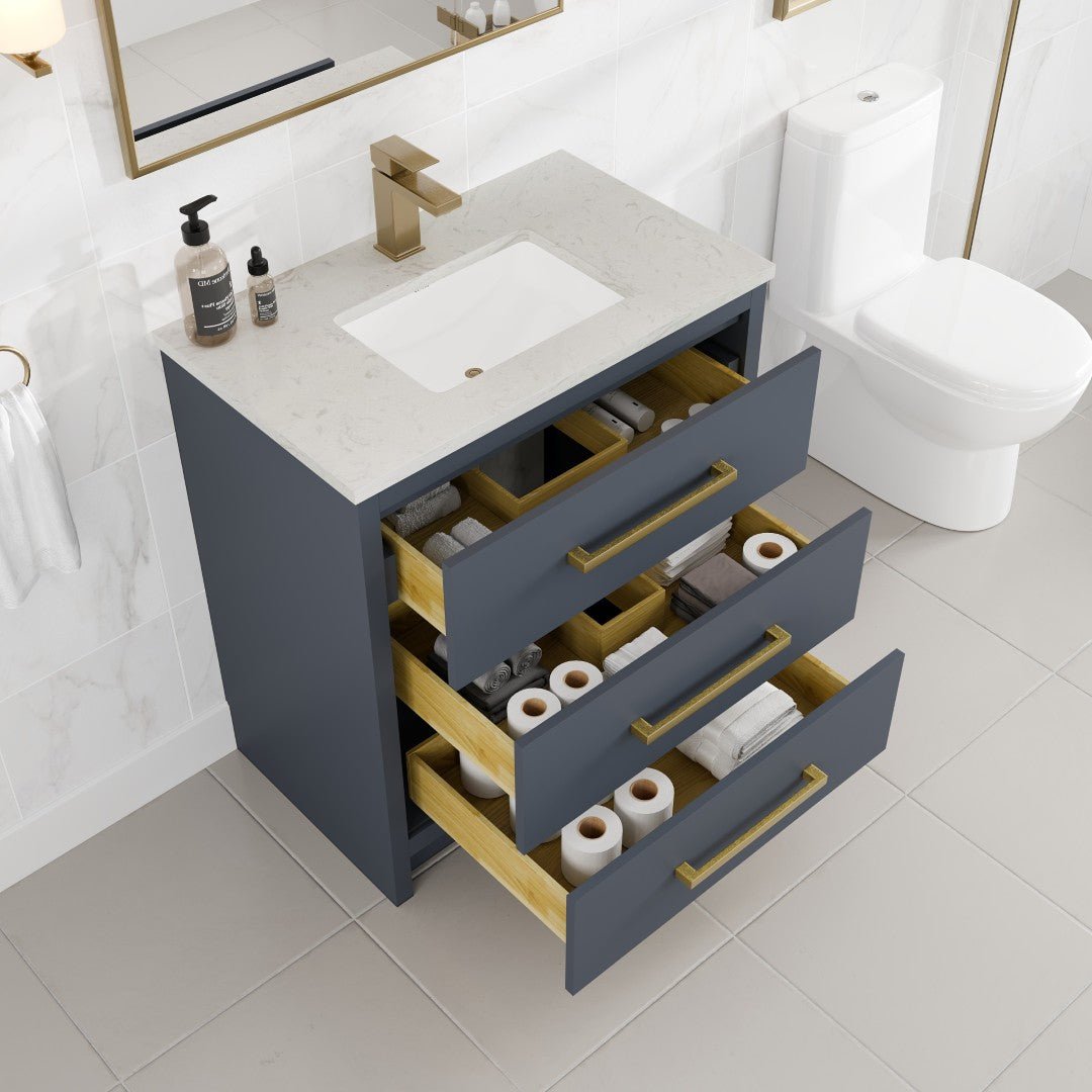 Curio 30 in. Dark Blue Single Sink Bath Vanity with Carrara Quartz Top and Undermount Porcelain Sink - Bathroom Vanity by Eviva