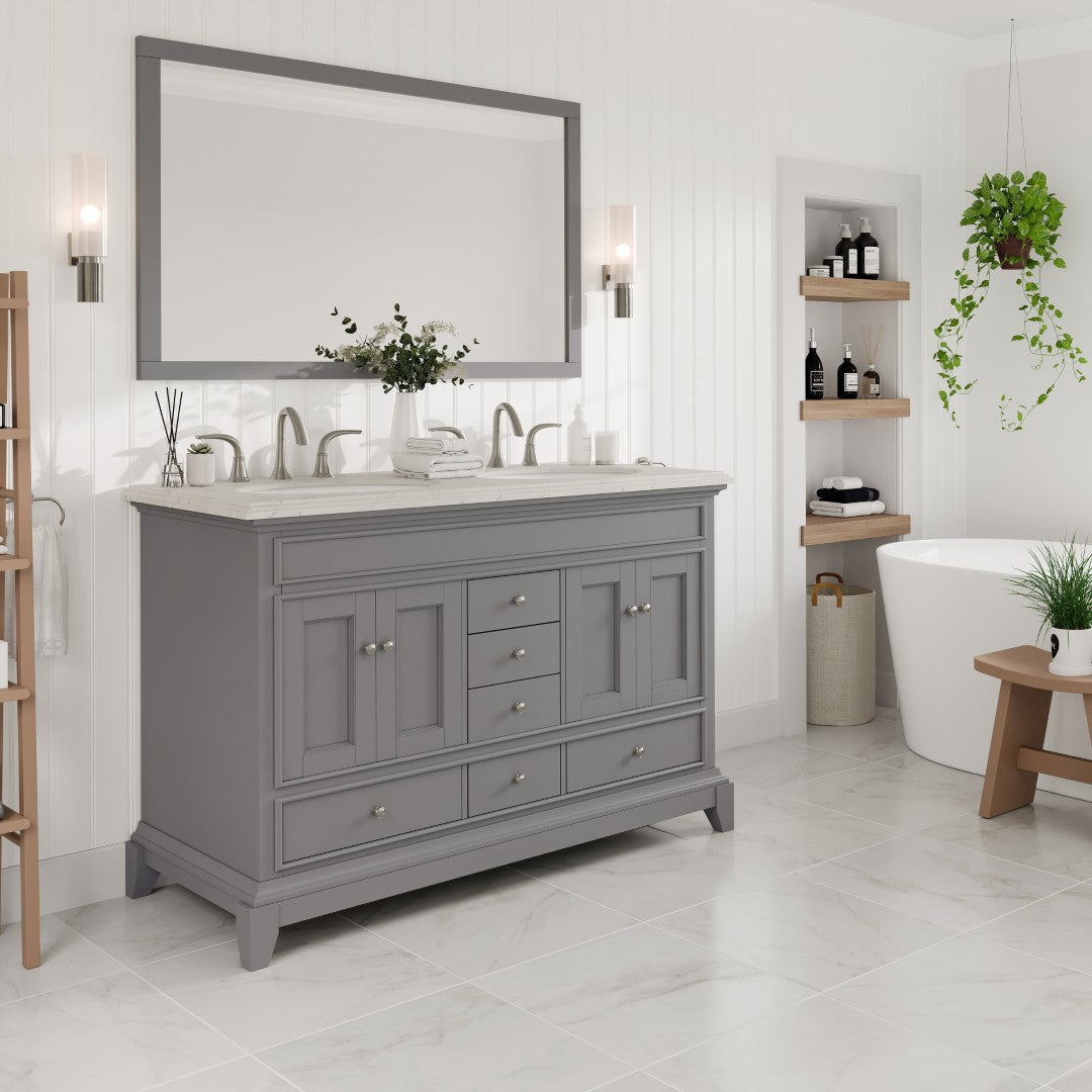 Elite Stamford 48 in. Gray Double Sink Bath Vanity with Carrara Quartz Top and Undermount Porcelain Sinks
