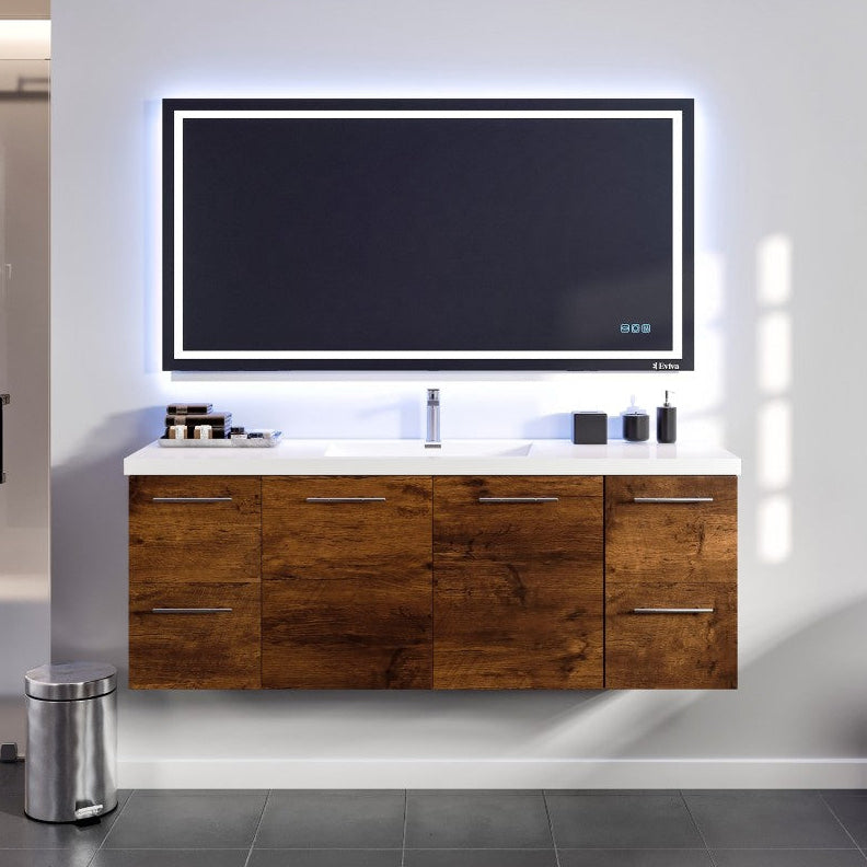 Modern bathroom with wooden vanity, sink, and mounted TV.
