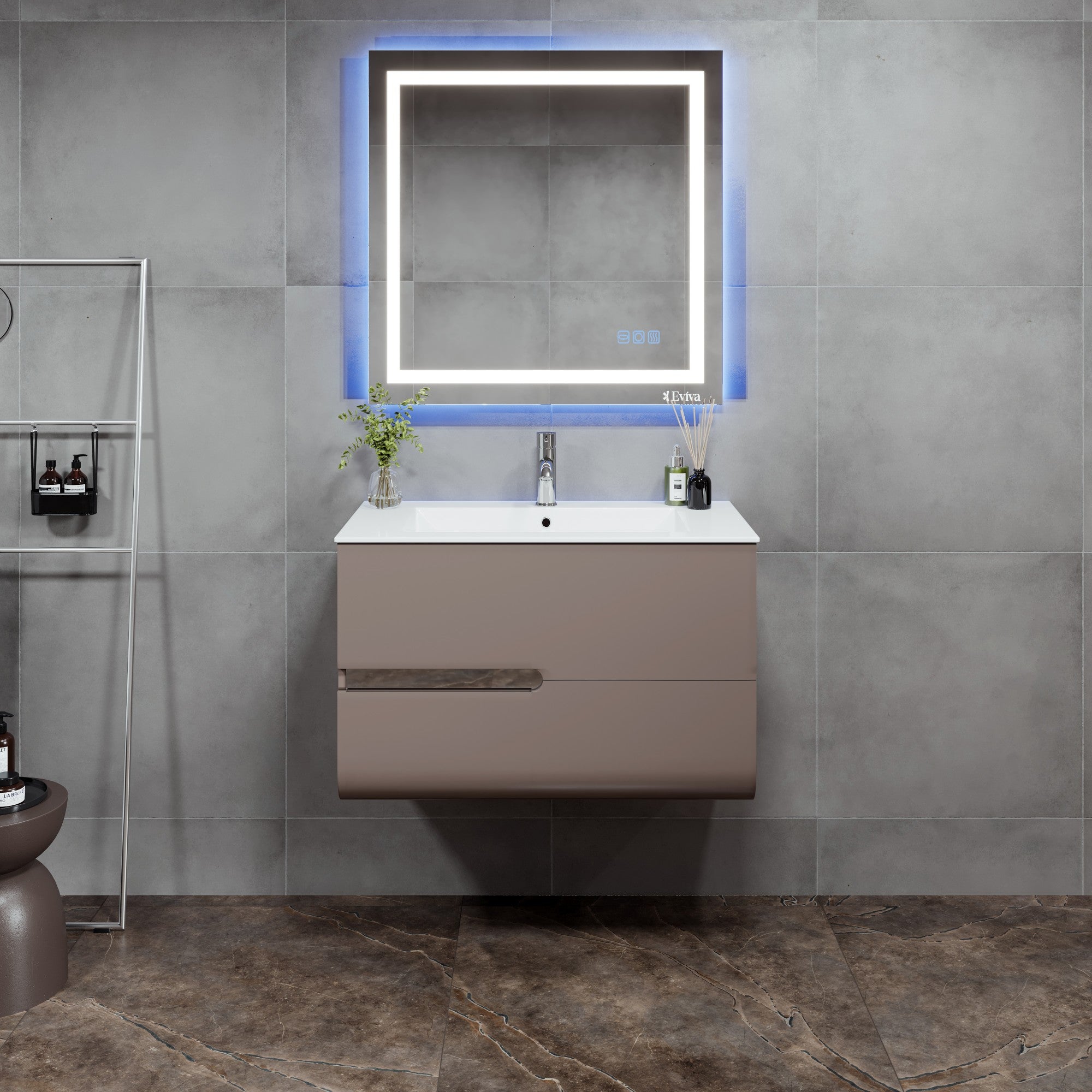 Ways 32 in. Mocha Wall Mount Single Sink Bath Vanity with Porcelain Top and Integrated Sink
