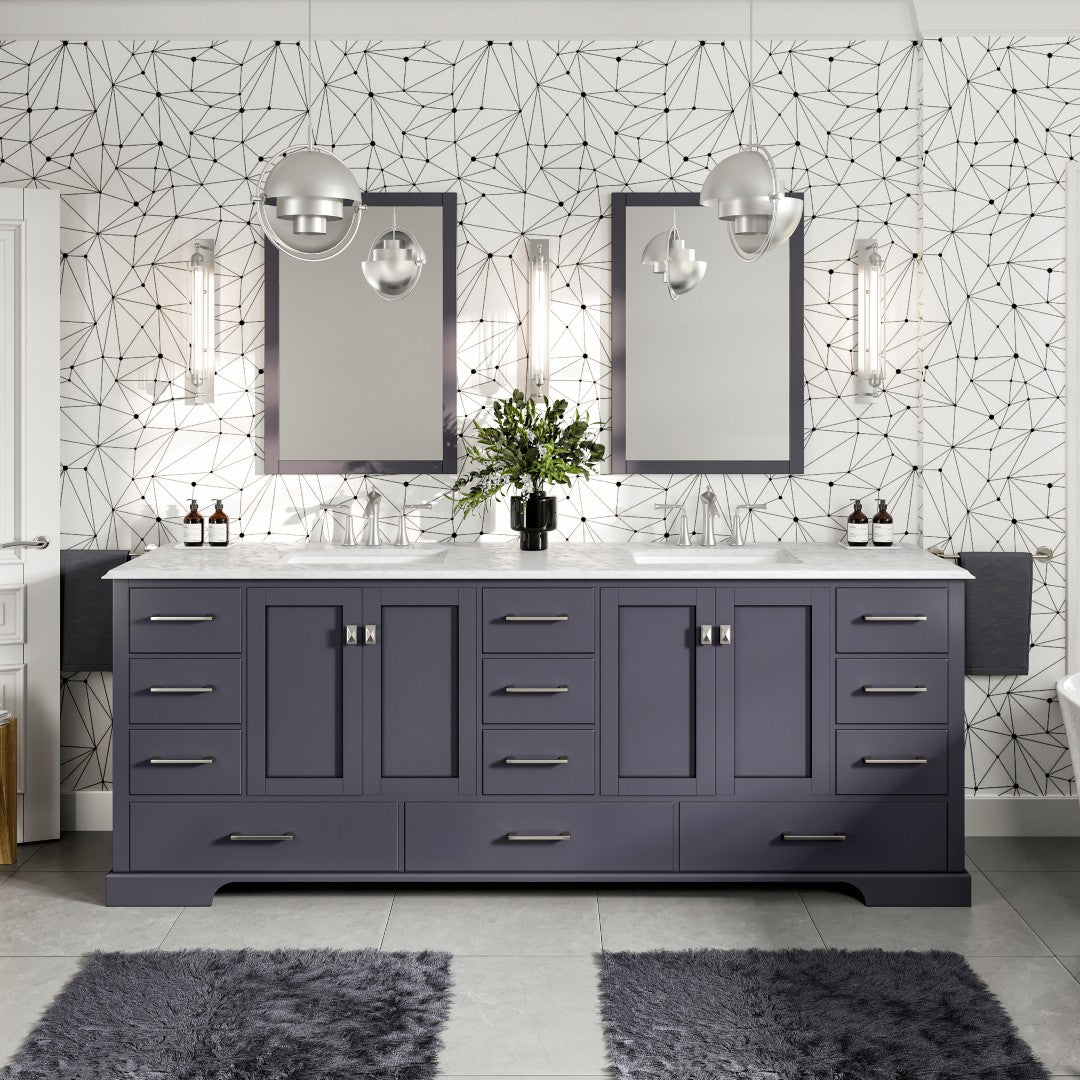 Storehouse 84 in. Dark Gray Double Sink Bath Vanity with Carrara Marble Top and Undermount Porcelain Sinks