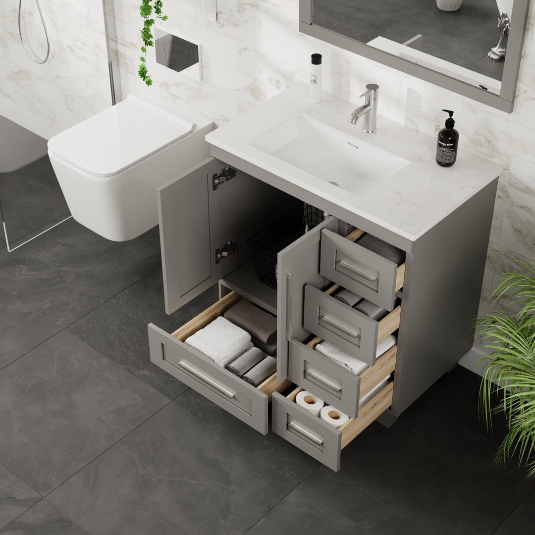 Loon 30 in. Gray Single Sink Bath Vanity with Carrara Quartz Top and Undermount Porcelain Sink - Bathroom Vanity by Eviva