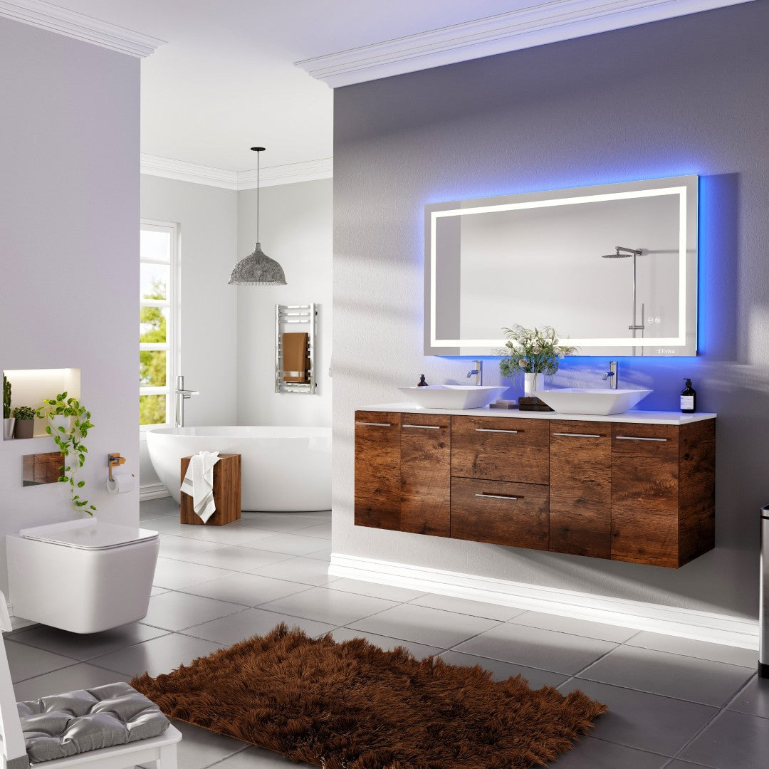 Lux 60 in. Rosewood Wall Mount Double Sink Bath Vanity with White Quartz Top and Vessel Porcelain Sinks