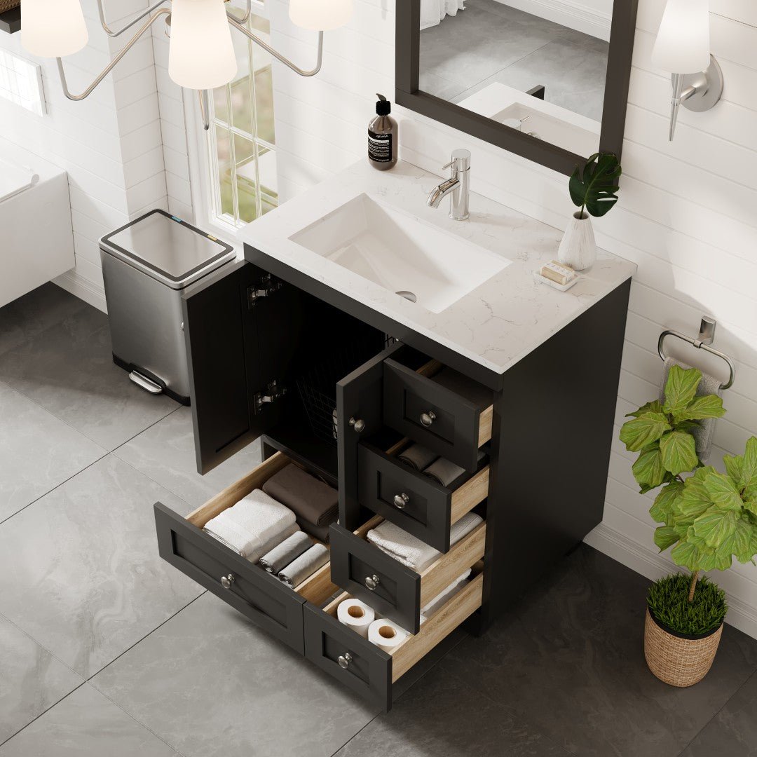 Happy 28 in. Espresso Single Sink Bath Vanity with Carrara Quartz Top and Undermount Porcelain Sink - Bathroom Vanity by Eviva