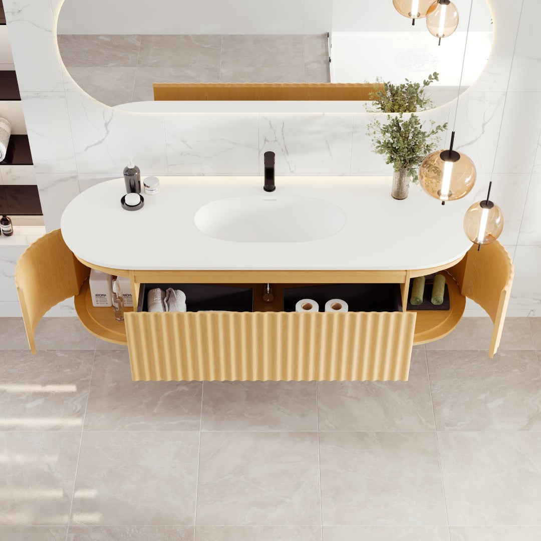 Haven 64 in. Natural Oak Wall Mount Single Sink Bath Vanity with Solid Surface Top and Integrated Sink