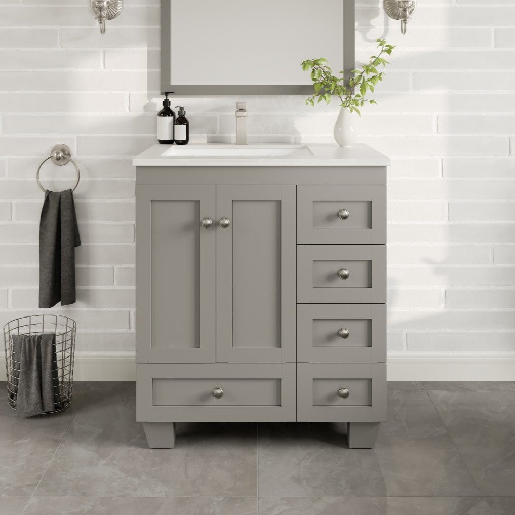 Happy 30 in. Gray Single Sink Bath Vanity with Carrara Quartz Top and Undermount Porcelain Sink - Bathroom Vanity by Eviva