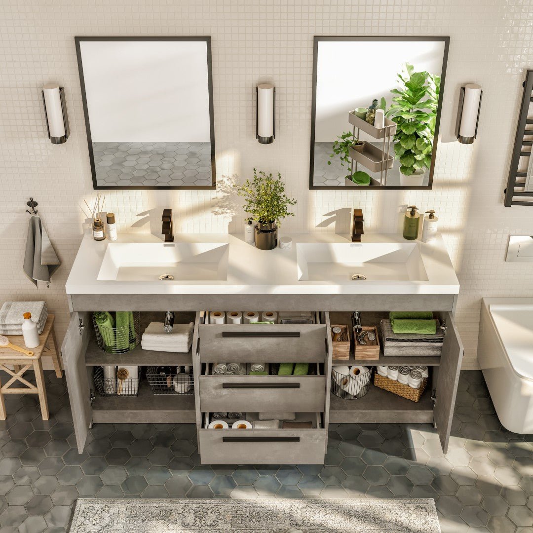 Lugano 72 in. Concrete Gray Double Sink Bath Vanity with Acrylic Top and Integrated Sinks - Bathroom Vanity by Eviva
