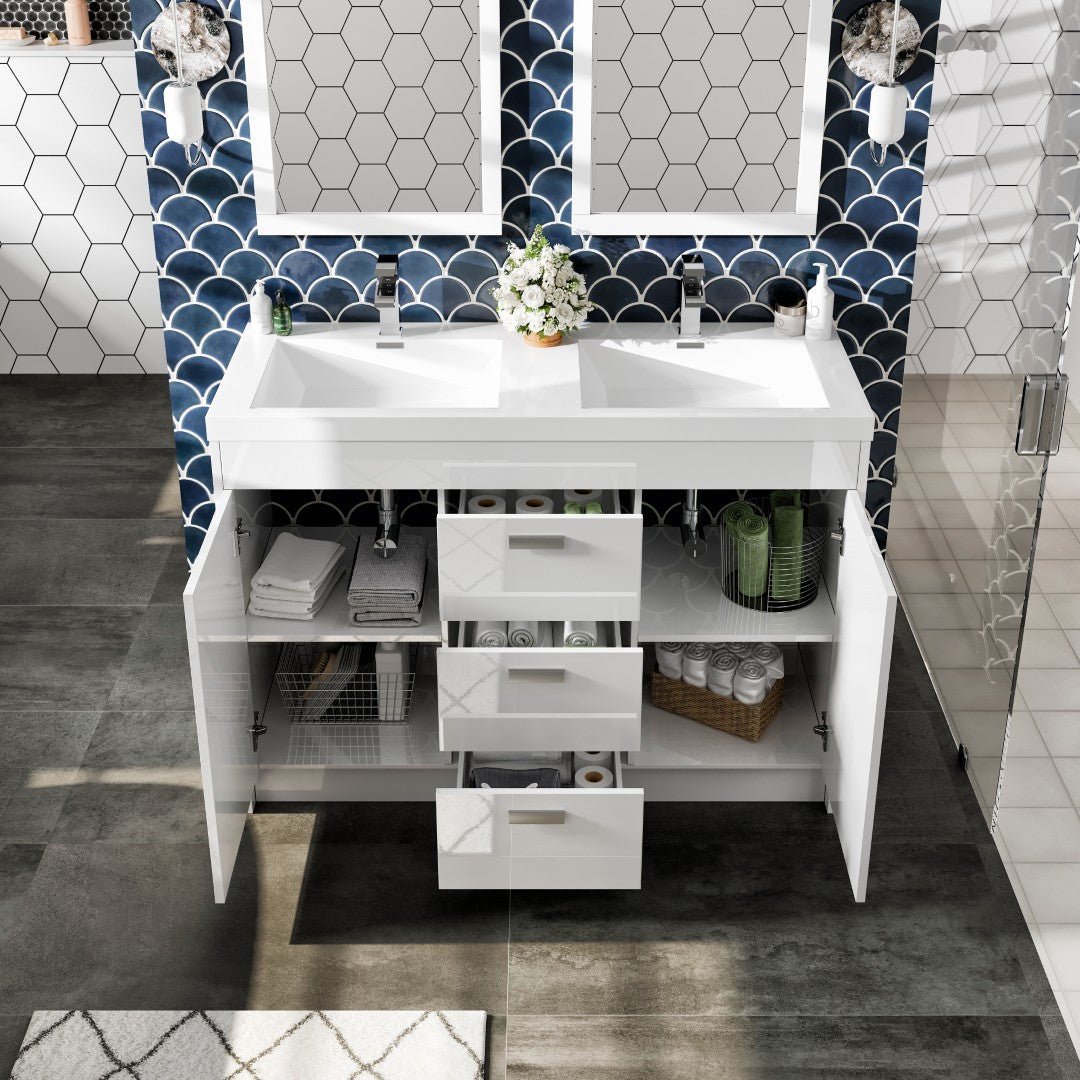 Lugano 48 in. White Double Sink Bath Vanity with Acrylic Top and Integrated Sinks - Bathroom Vanity by Eviva