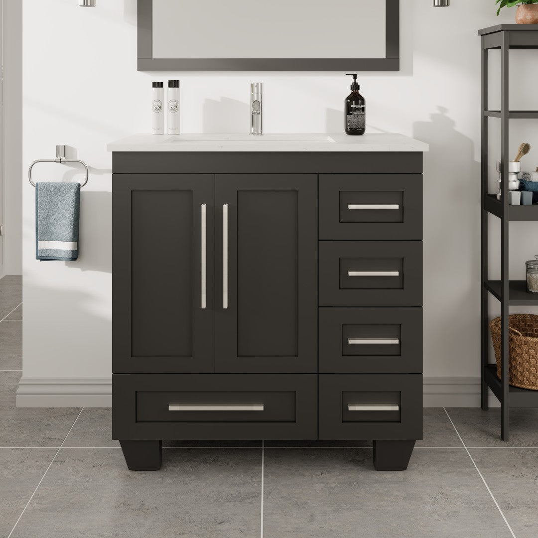 Espresso colored single sink bath vanity with Carrara Quartz top and undermount porcelain sink, featuring stainless steel brushed nickel hardware, two doors and five drawers.