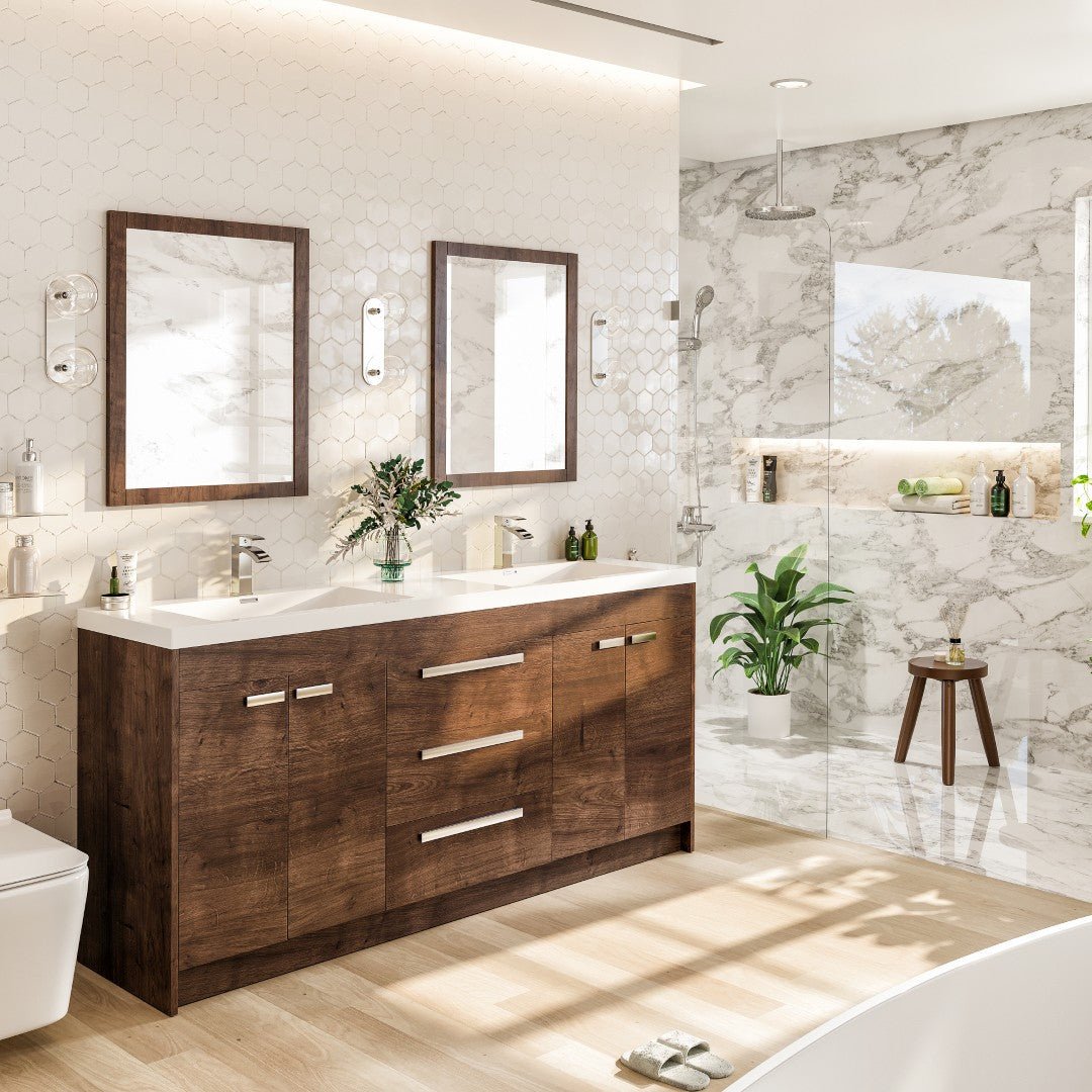 Lugano 72 in. Rosewood Double Sink Freestanding Bath Vanity with Acrylic Top and Integrated Sinks - Bathroom Vanity by Eviva