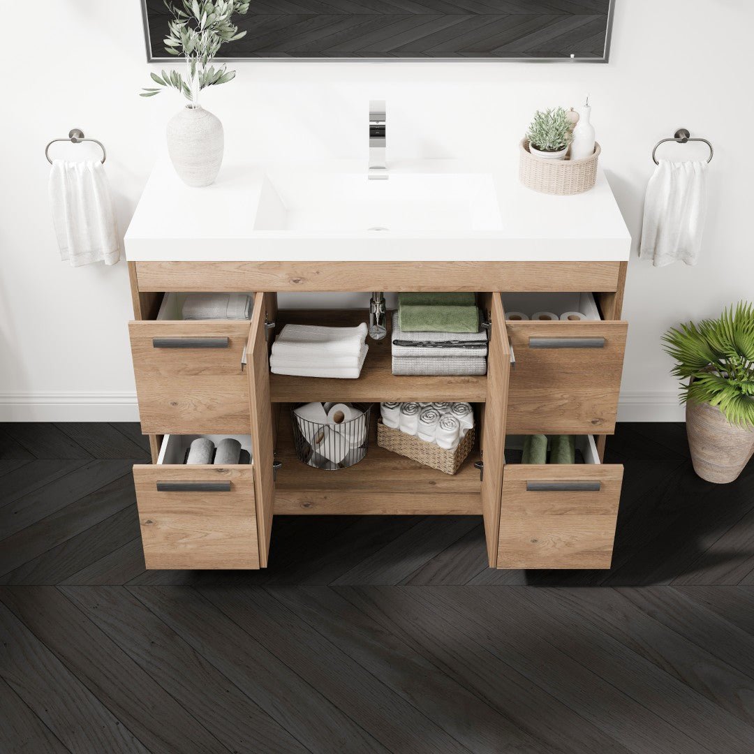 Lugano 48 in. Natural Oak Single Sink Bath Vanity with Acrylic Top and Integrated Sink - Bathroom Vanity by Eviva
