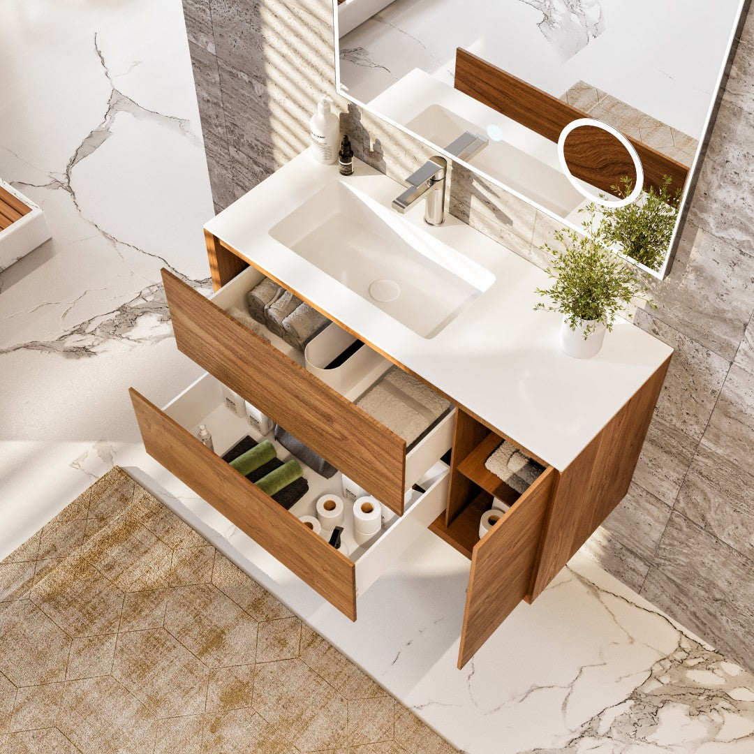 Prancer 44 in. Natural Oak Wall Mount Single Sink Bath Vanity with Solid Surface Top and Integrated Sink