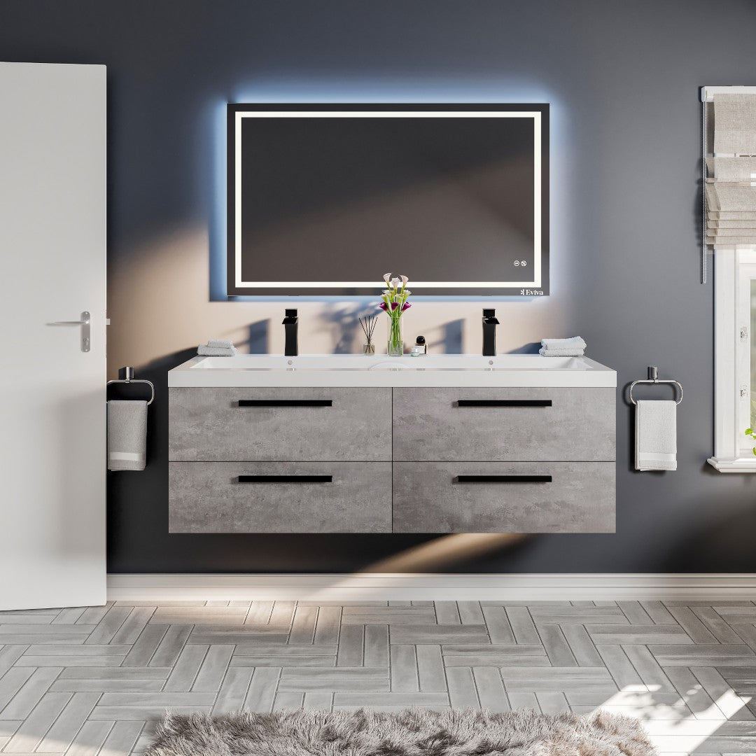 Surf 57 in. Concrete Gray Wall Mount Double Sink Bath Vanity with Acrylic Top and Integrated Sinks