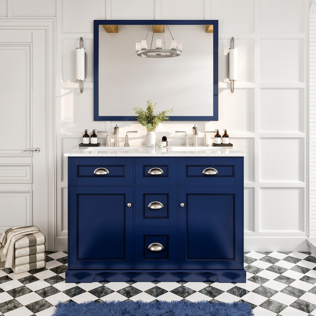 Epic 48 in. Blue Double Sink Bath Vanity with Carrara Quartz Top and Undermount Porcelain Sinks