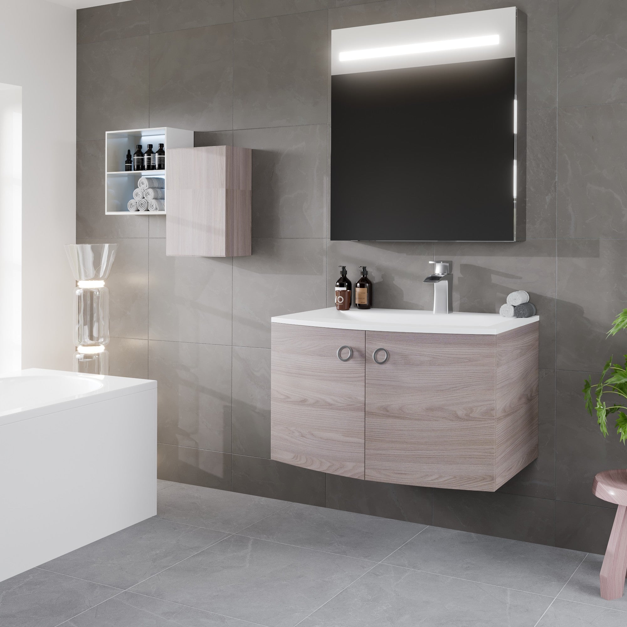 Romina 28 in. Gray Oak Wall Mount Single Sink Bath Vanity with Acrylic Top and Integrated Sink