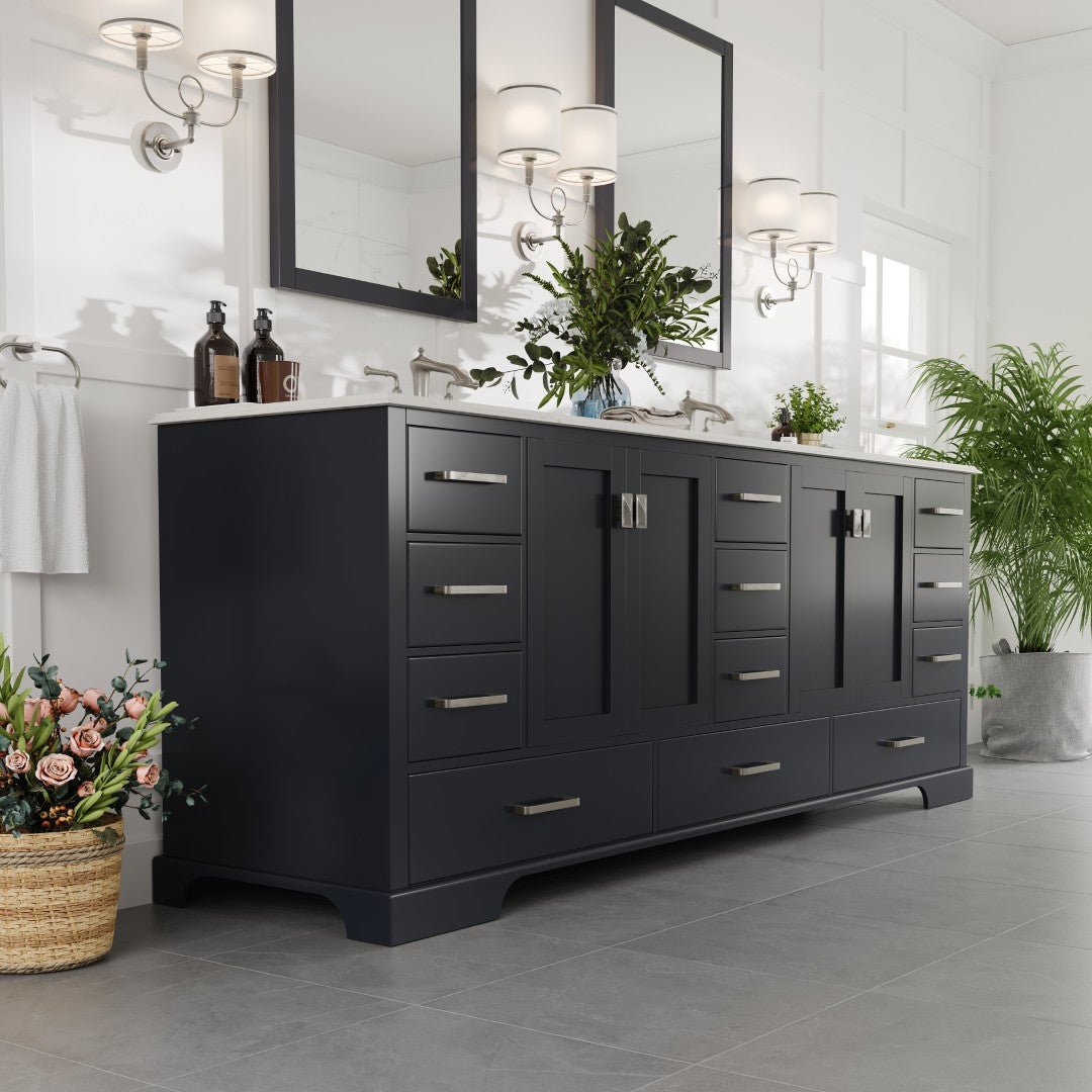 Storehouse 84 in. Dark Gray Double Sink Bath Vanity with Carrara Quartz Top and Undermount Porcelain Sinks - Bathroom Vanity by Eviva