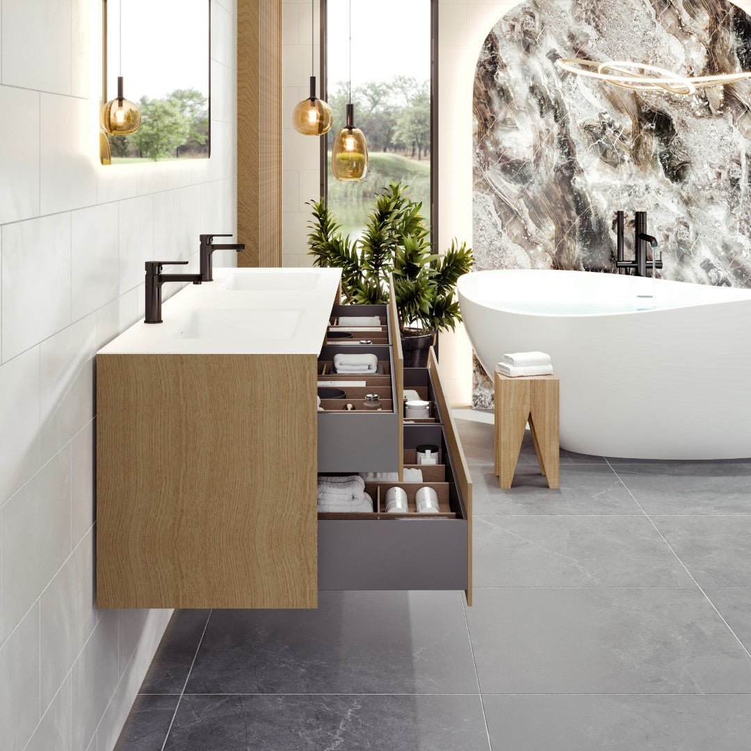 Lotus 59 in. Natural Oak Wall Mount Double Sink Bath Vanity with Solid Surface Top and Integrated Sinks - Bathroom Vanity by Eviva