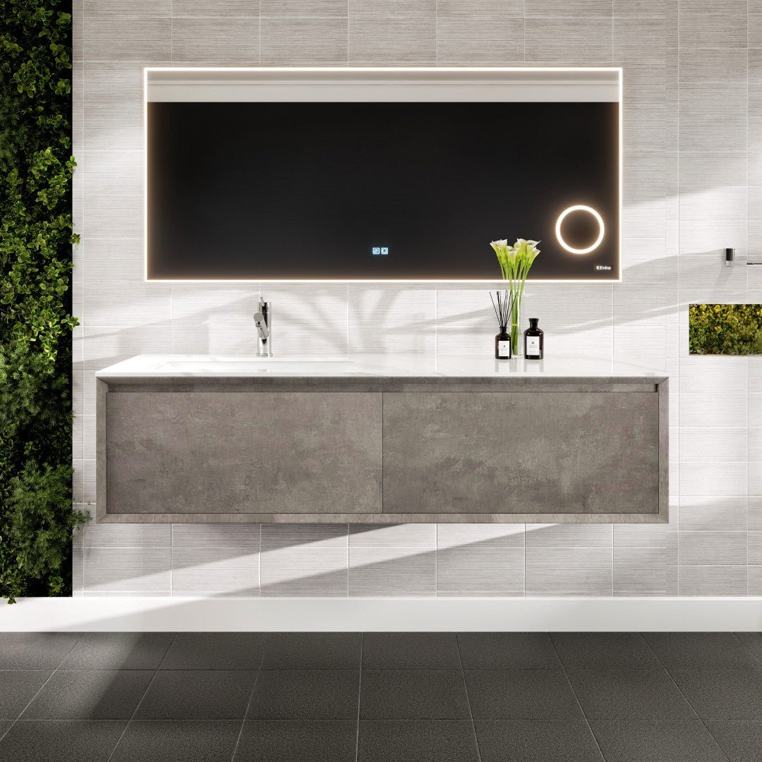 Aurora 60 in. Concrete Gray Wall Mount Single Sink Bath Vanity with Carrara Quartz Top and Undermount Porcelain Sink - Bathroom Vanity by Eviva