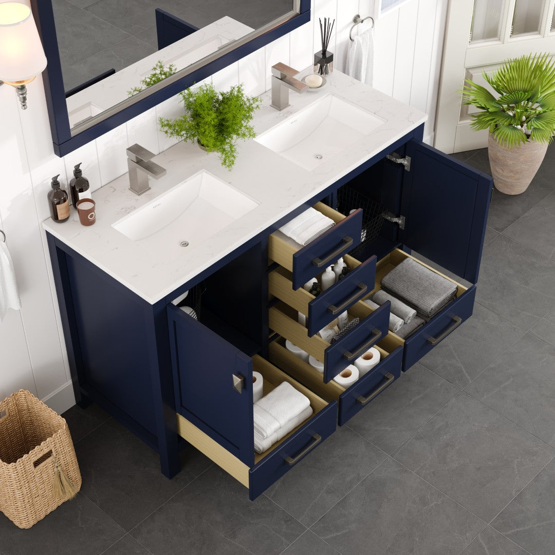 London 54 in. Blue Double Sink Bath Vanity with Carrara Quartz Top and Undermount Porcelain Sinks
