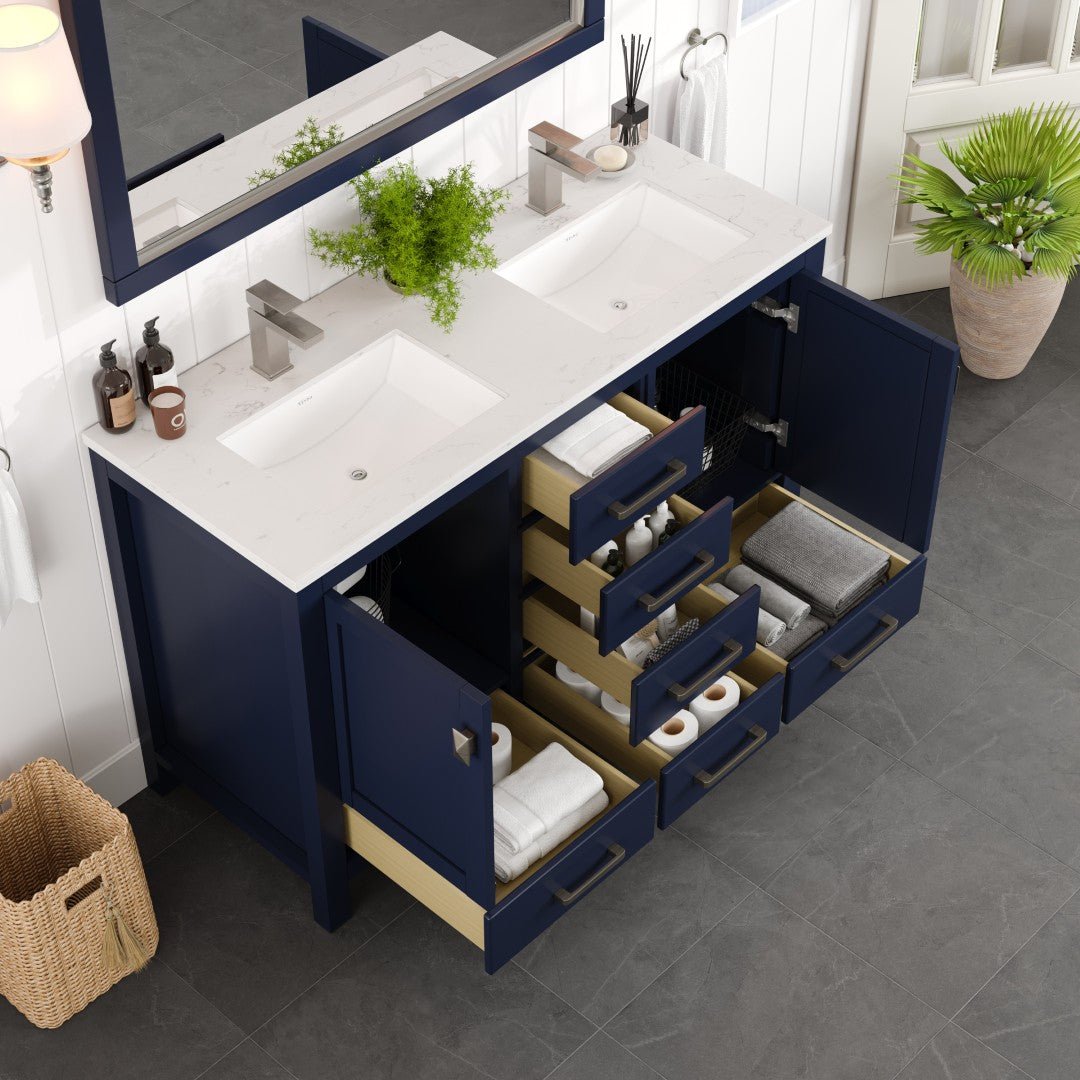 London 54 in. Blue Double Sink Bath Vanity with Carrara Quartz Top and Undermount Porcelain Sinks - Bathroom Vanity by Eviva