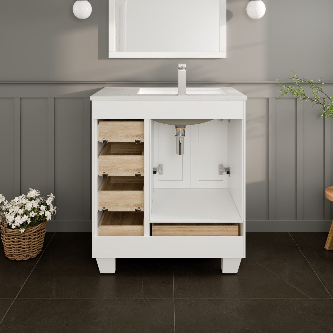 Happy 30 in. White Single Sink Bath Vanity with Carrara Quartz Top and Undermount Porcelain Sink - Bathroom Vanity by Eviva