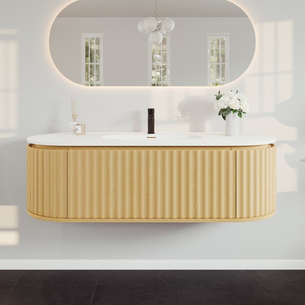Haven 55 in. Natural Oak Wall Mount Single Sink Bath Vanity with Solid Surface Top and Integrated Sink - Bathroom Vanity by Eviva