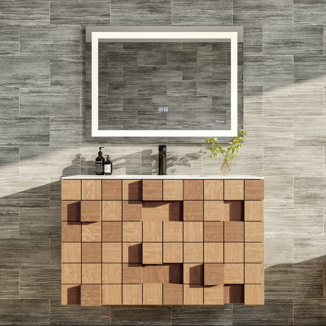 A natural oak wall mount single sink bath vanity with a geometric blocks design, featuring an integrated sink and a rectangular mirror, set against a tiled wall.