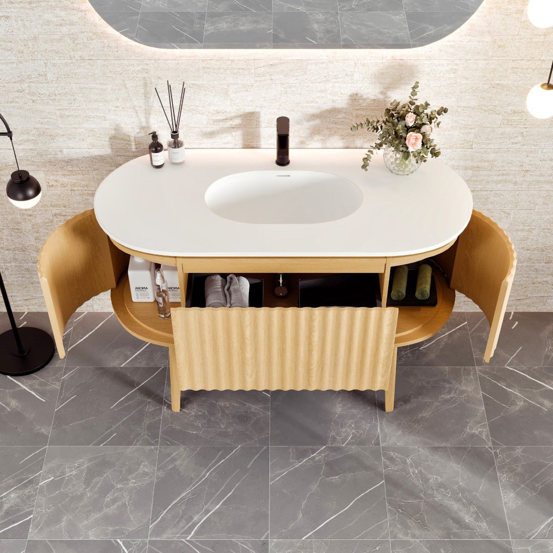 Haven 48 in. Natural Oak Freestanding Single Sink Bath Vanity with Solid Surface Top and Integrated Sink - Bathroom Vanity by Eviva