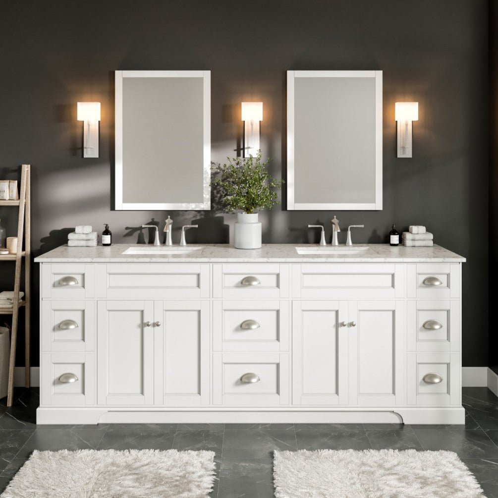 Epic 96 in. White Double Sink Bath Vanity with Carrara Quartz Top and Undermount Porcelain Sinks - Bathroom Vanity by Eviva