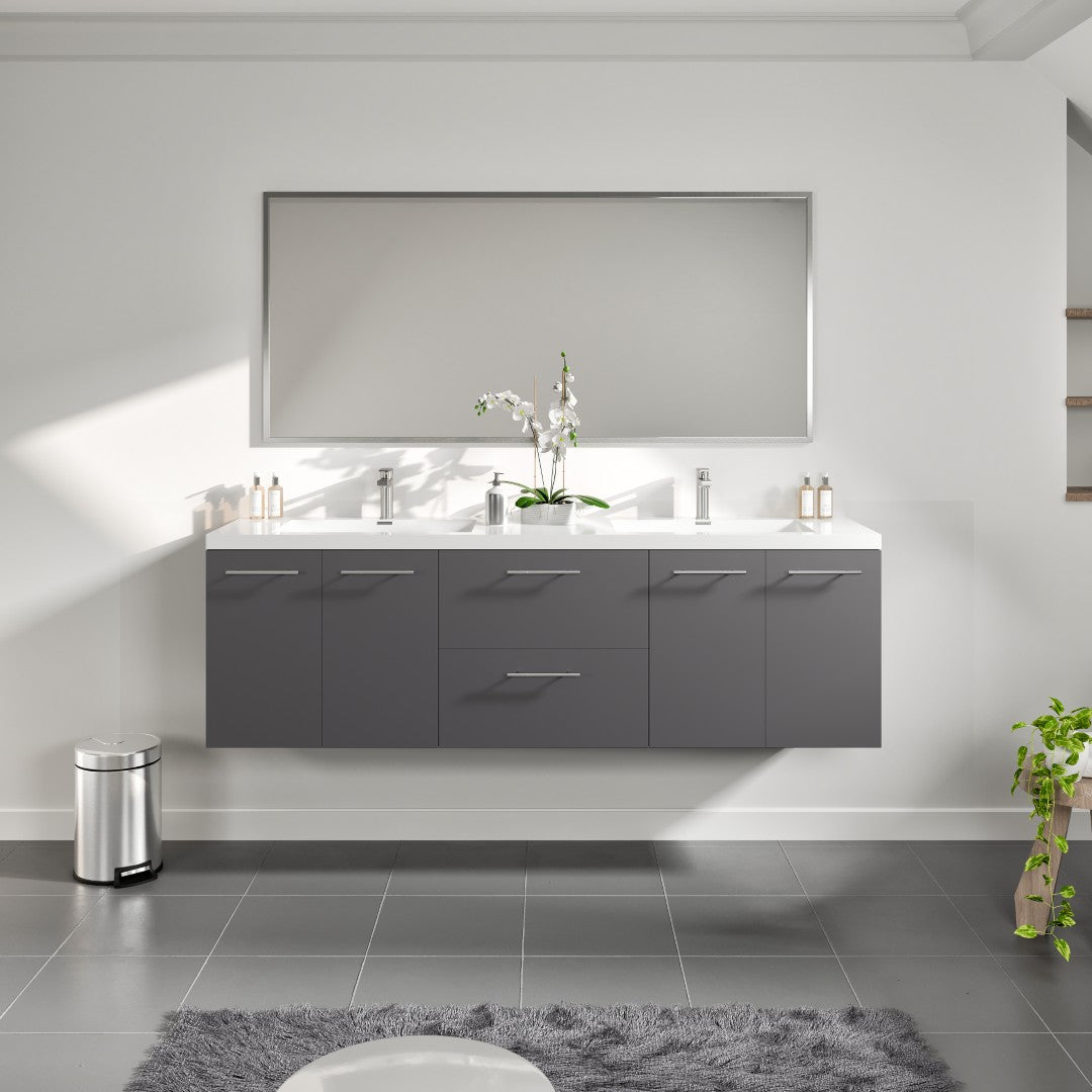 Axis 72 in. Gray Wall Mount Double Sink Bath Vanity with Acrylic Top and Integrated Sinks