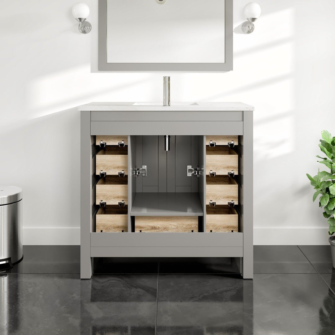 Hampton 36" x 18" Gray Single Sink Bath Vanity with Carrara Quartz Top and Undermount Porcelain Sink - Bathroom Vanity by Eviva