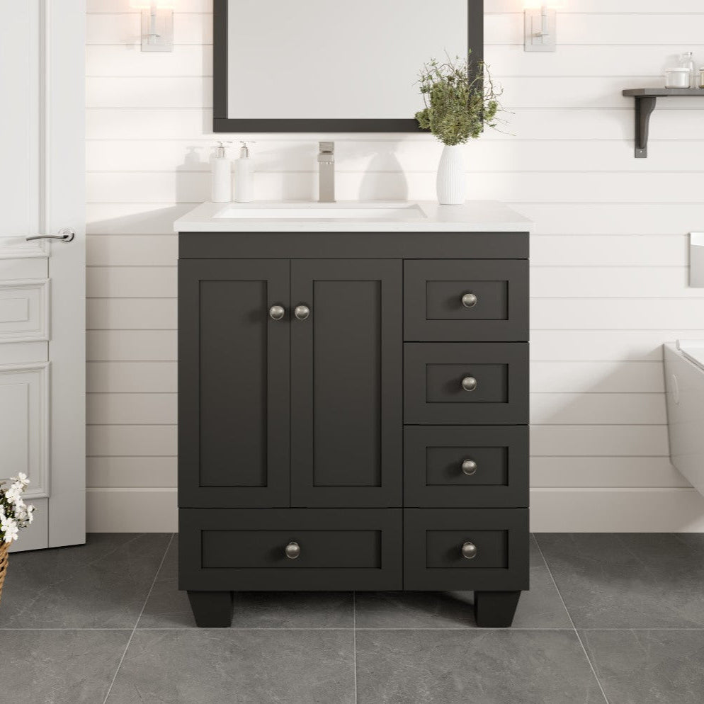 A black Eviva Happy 30-inch espresso single sink bath vanity with a white Carrara quartz top, undermount porcelain sink, and silver hardware, placed in a bathroom setting.