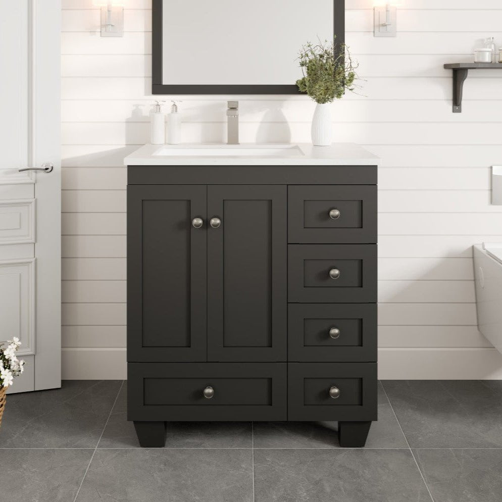Happy 30 in. Espresso Single Sink Bath Vanity with Carrara Quartz Top and Undermount Porcelain Sink - Bathroom Vanity by Eviva
