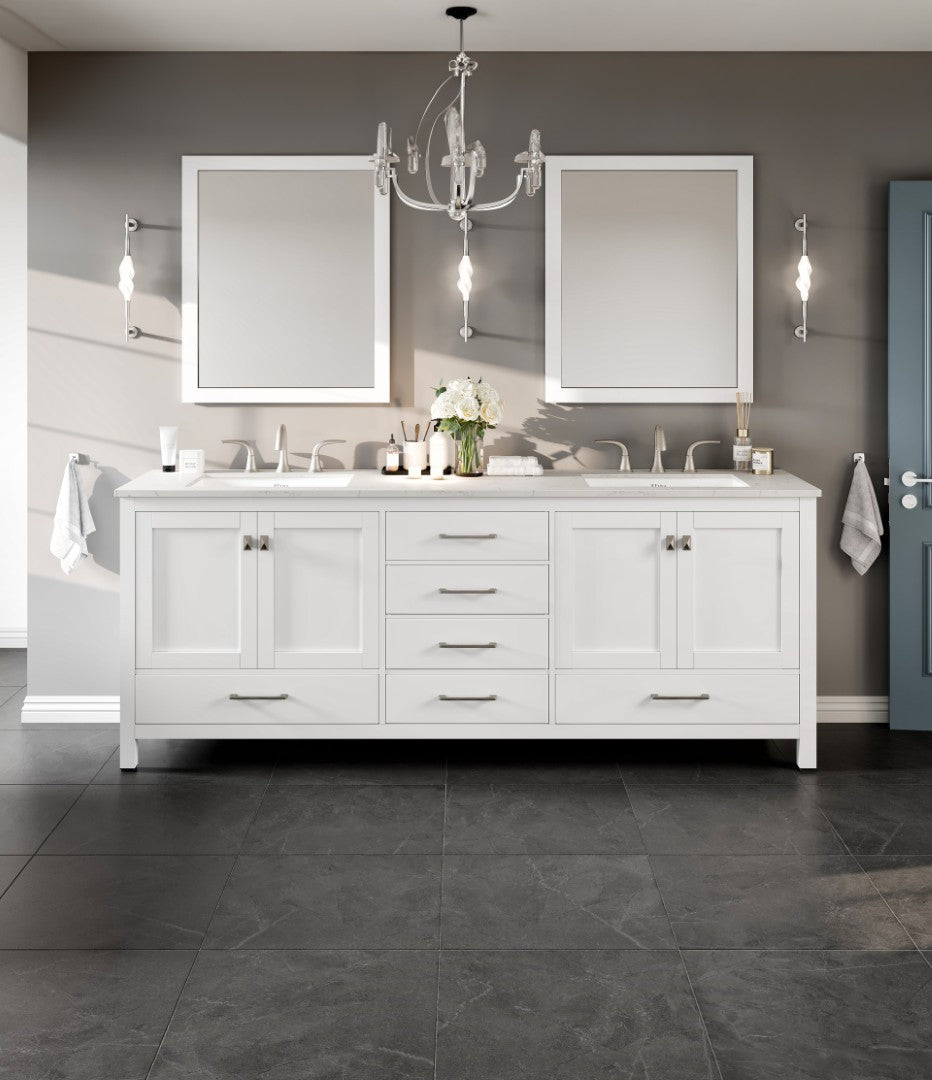 Aberdeen 84 in. White Double Sink Bath Vanity with Carrara Quartz Top and Undermount Porcelain Sinks
