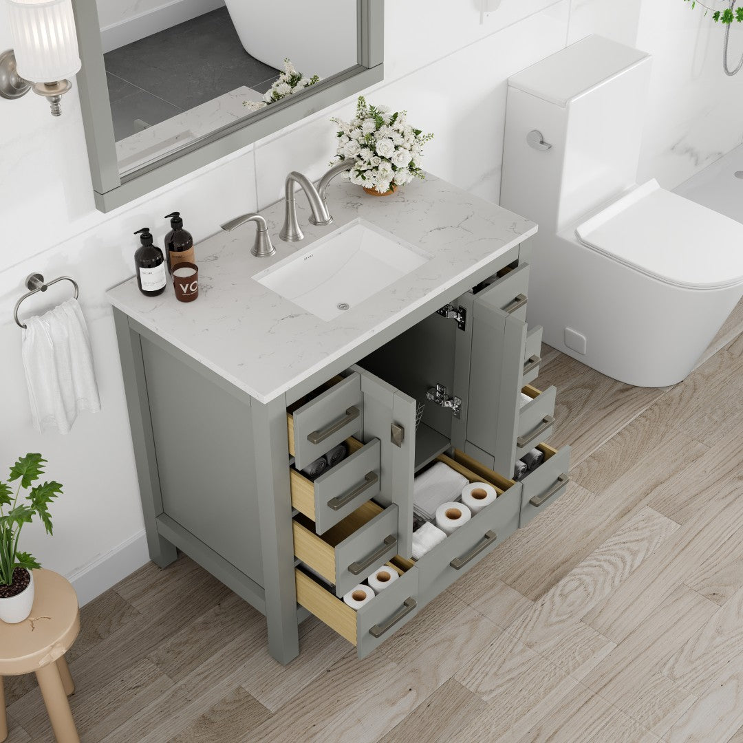 Hampton 36 in. Gray Single Sink Bath Vanity with Carrara Quartz Top and Undermount Porcelain Sink