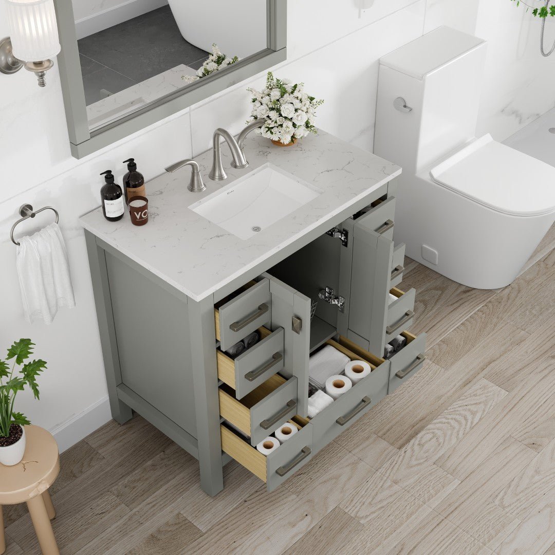 Hampton 36" x 22" Gray Single Sink Bath Vanity with Carrara Quartz Top and Undermount Porcelain Sink - Bathroom Vanity by Eviva