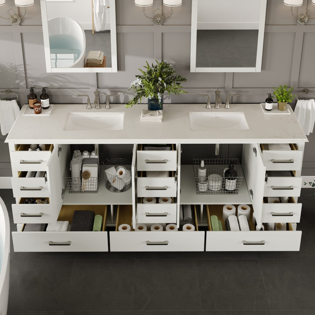 Storehouse 84 in. White Double Sink Bath Vanity with Carrara Quartz Top and Undermount Porcelain Sinks