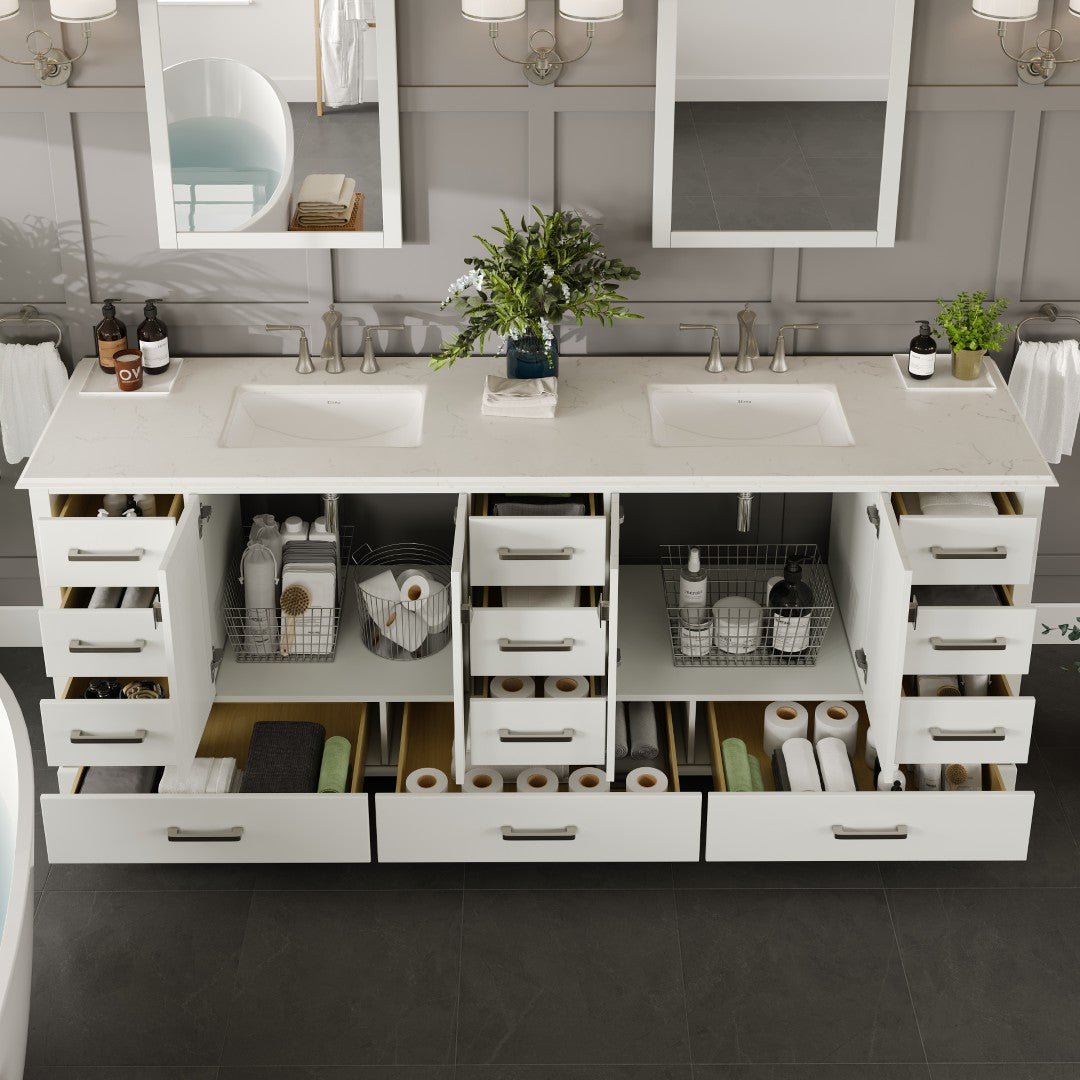 Storehouse 84 in. White Double Sink Bath Vanity with Carrara Quartz Top and Undermount Porcelain Sinks - Bathroom Vanity by Eviva