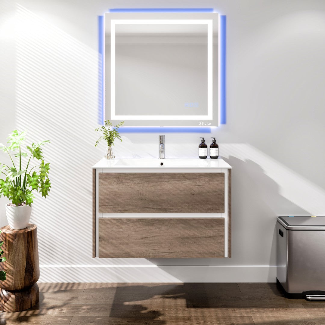 Luna 32 in. Gray Oak Wall Mount Single Sink Bath Vanity with Porcelain Top and Integrated Sink