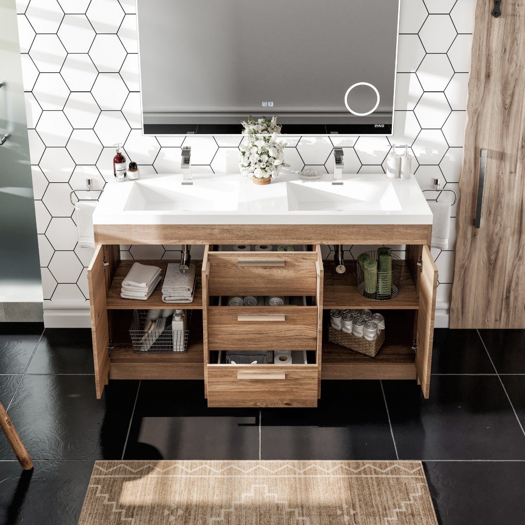 Lugano 60 in. Natural Oak Double Sink Freestanding Bath Vanity with Acrylic Top and Integrated Sinks - Bathroom Vanity by Eviva