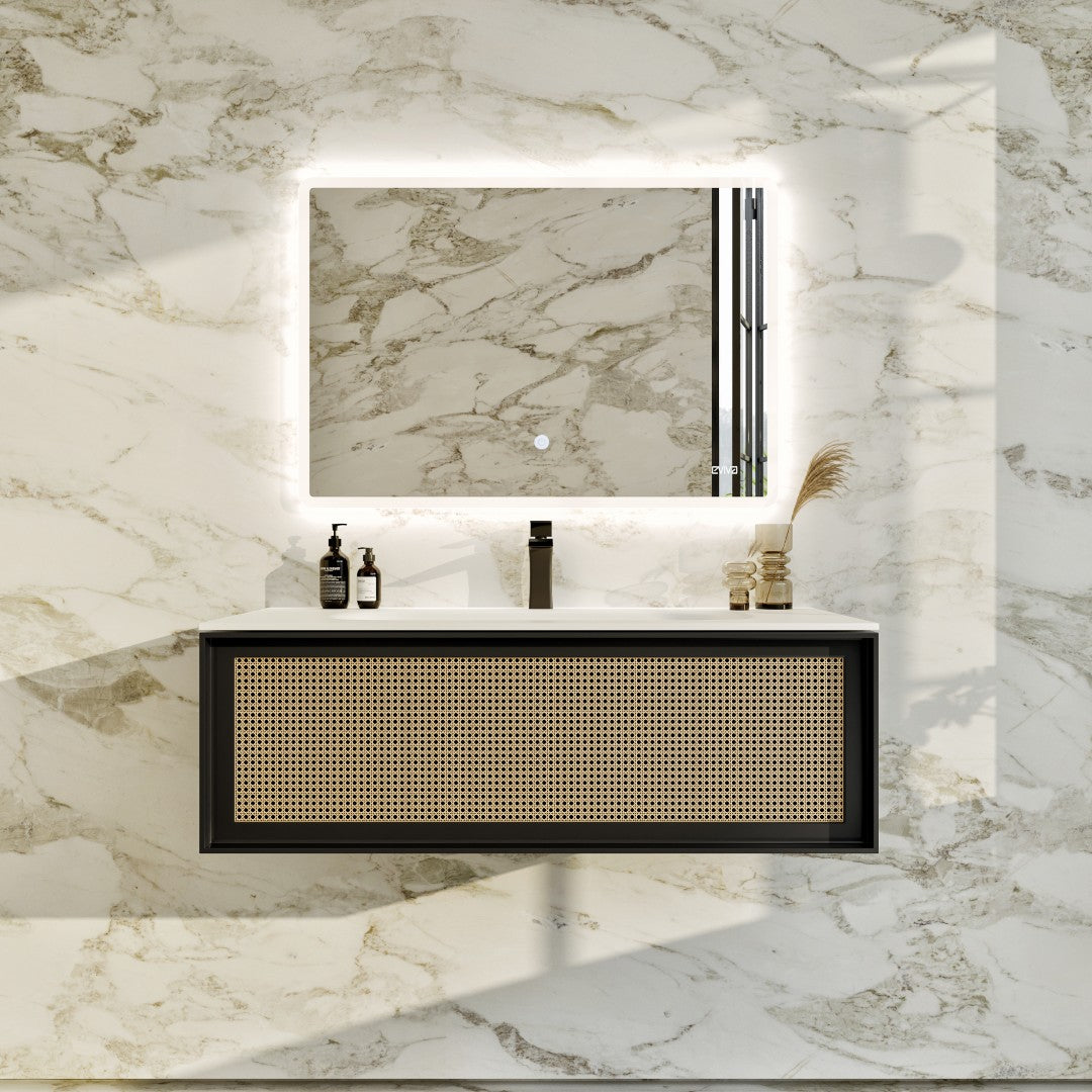 Nets 32 in. Natural Oak/Black Wall Mount Single Sink Bath Vanity with Solid Surface Top and Integrated Sink