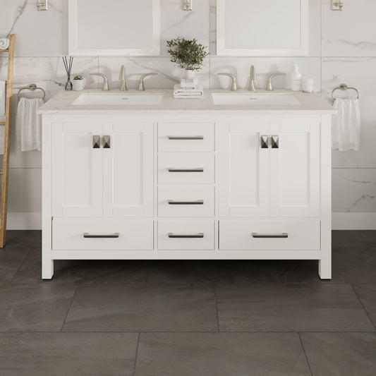Aberdeen 60"W x 22"D White Double Sink Bathroom Vanity with Carrara Quartz Countertop and Undermount Porcelain Sink