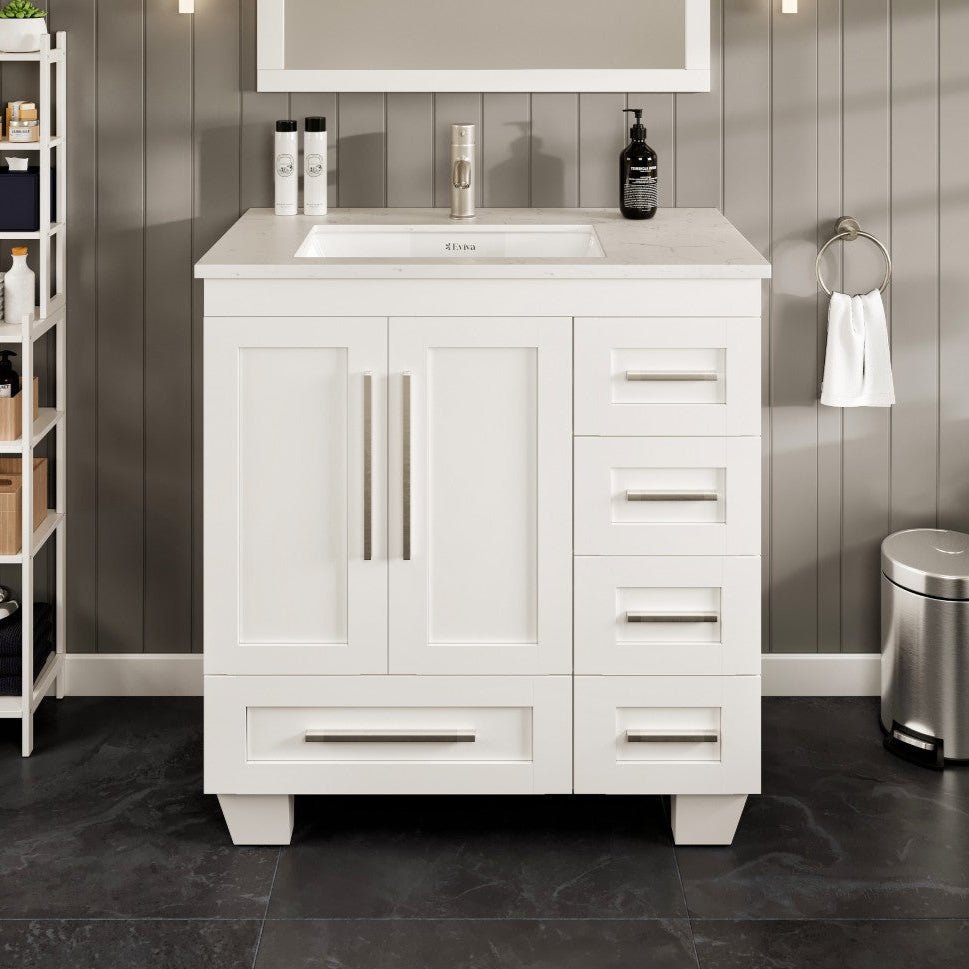 Loon 30 in. White Single Sink Bath Vanity with Carrara Quartz Top and Undermount Porcelain Sink - Bathroom Vanity by Eviva