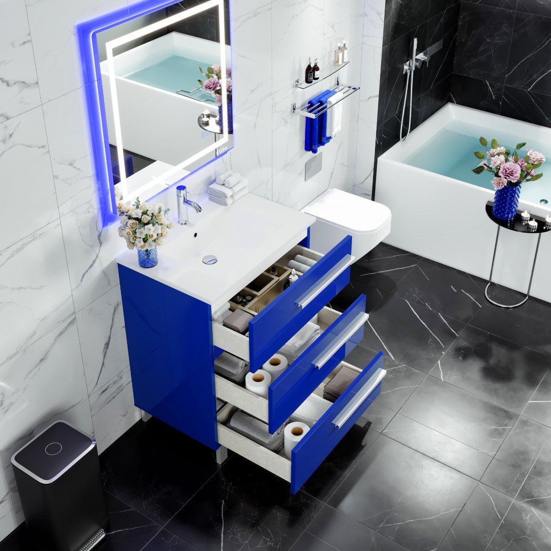 Deluxe 32 in. Blue Single Sink Bath Vanity with Porcelain Top and Integrated Sink - Bathroom Vanity by Eviva
